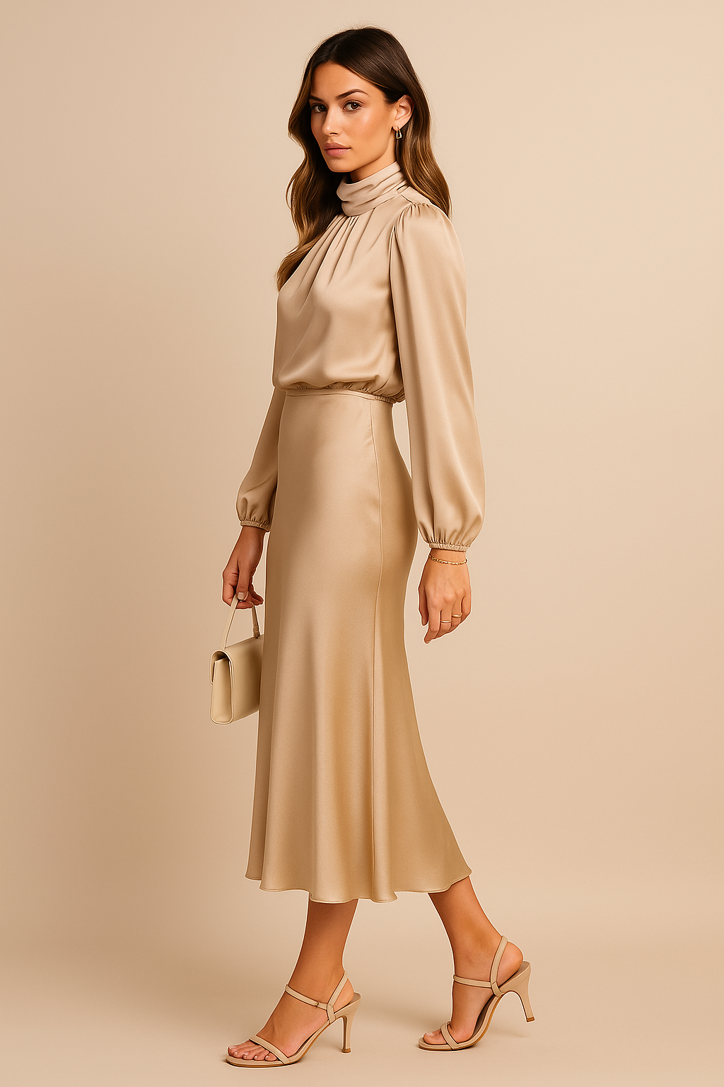 Gloriana | Elegante Dames High-Waist Midi Jurk met Hooggesloten Hals