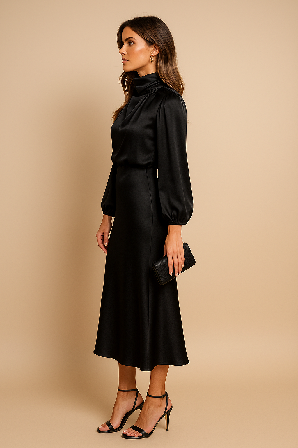 Gloriana | Elegante Dames High-Waist Midi Jurk met Hooggesloten Hals