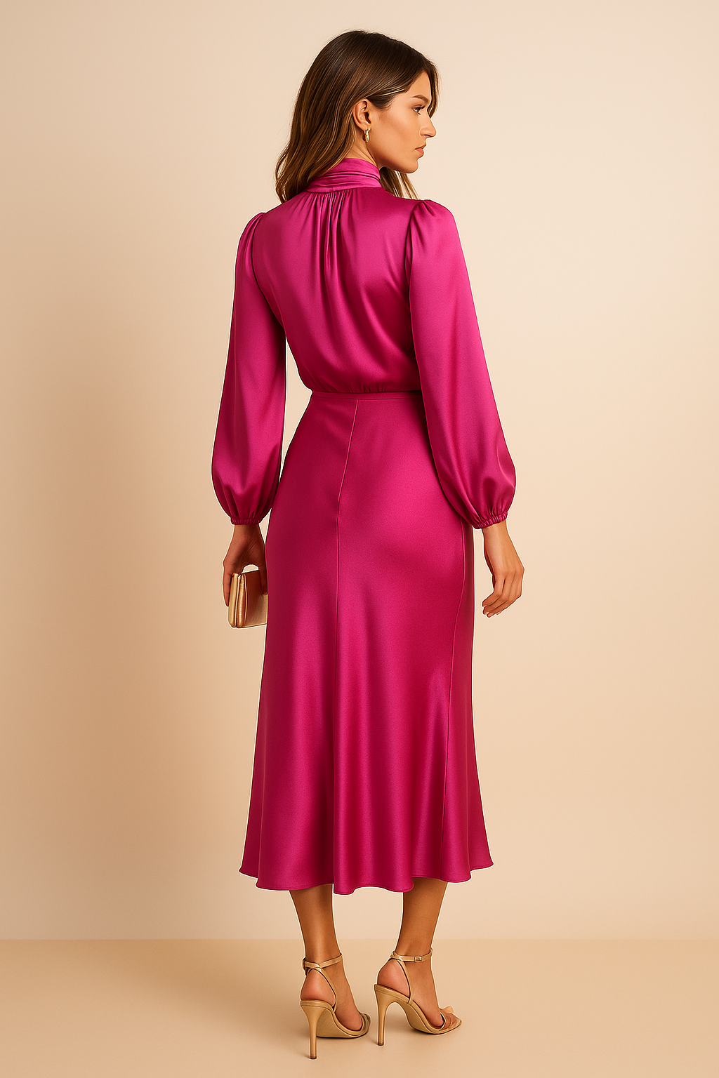 Gloriana | Elegante Dames High-Waist Midi Jurk met Hooggesloten Hals
