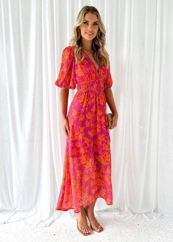 Isa | Dames Bruiloft Gast Bloemen V-hals Maxi-Jurk Pofmouwen Chiffon