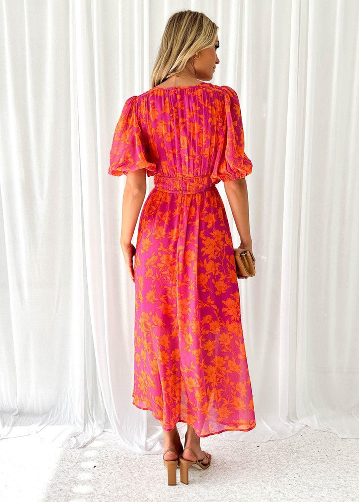 Isa | Dames Bruiloft Gast Bloemen V-hals Maxi-Jurk Pofmouwen Chiffon