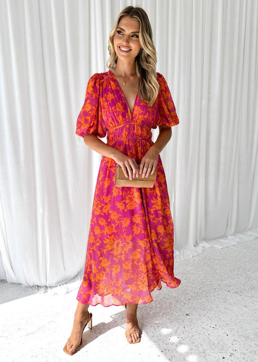 Isa | Dames Bruiloft Gast Bloemen V-hals Maxi-Jurk Pofmouwen Chiffon