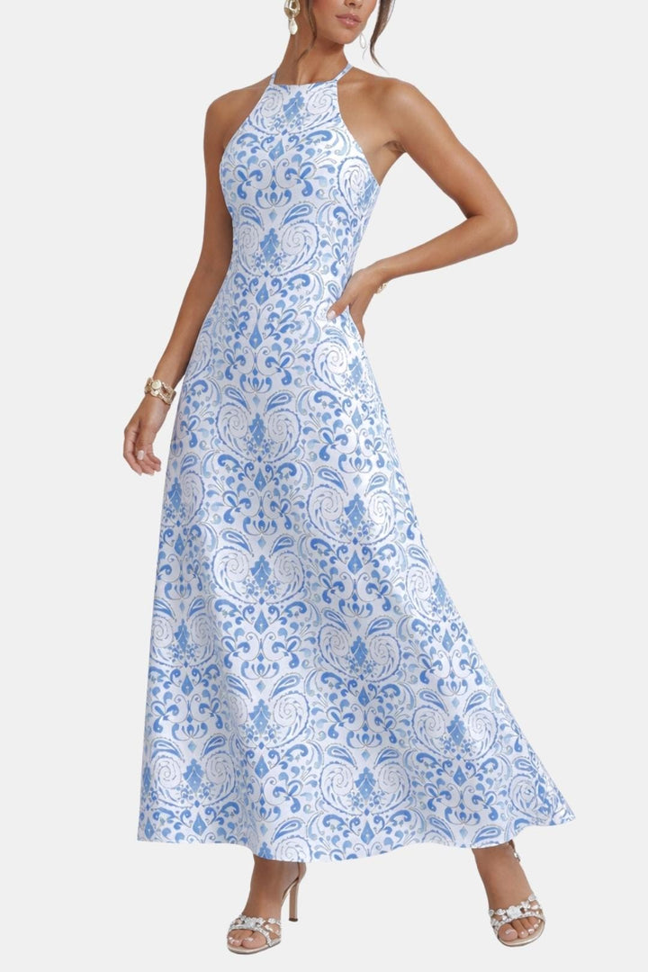 Isabelle | Dames Halterjurk Maxi Rugloos A-Lijn Ornamentprint Chiffon Tailleband Zomer