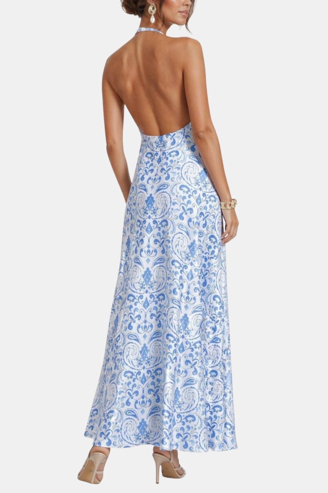 Isabelle | Dames Halterjurk Maxi Rugloos A-Lijn Ornamentprint Chiffon Tailleband Zomer
