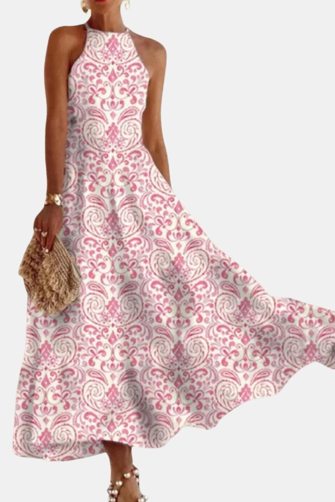Isabelle | Dames Halterjurk Maxi Rugloos A-Lijn Ornamentprint Chiffon Tailleband Zomer