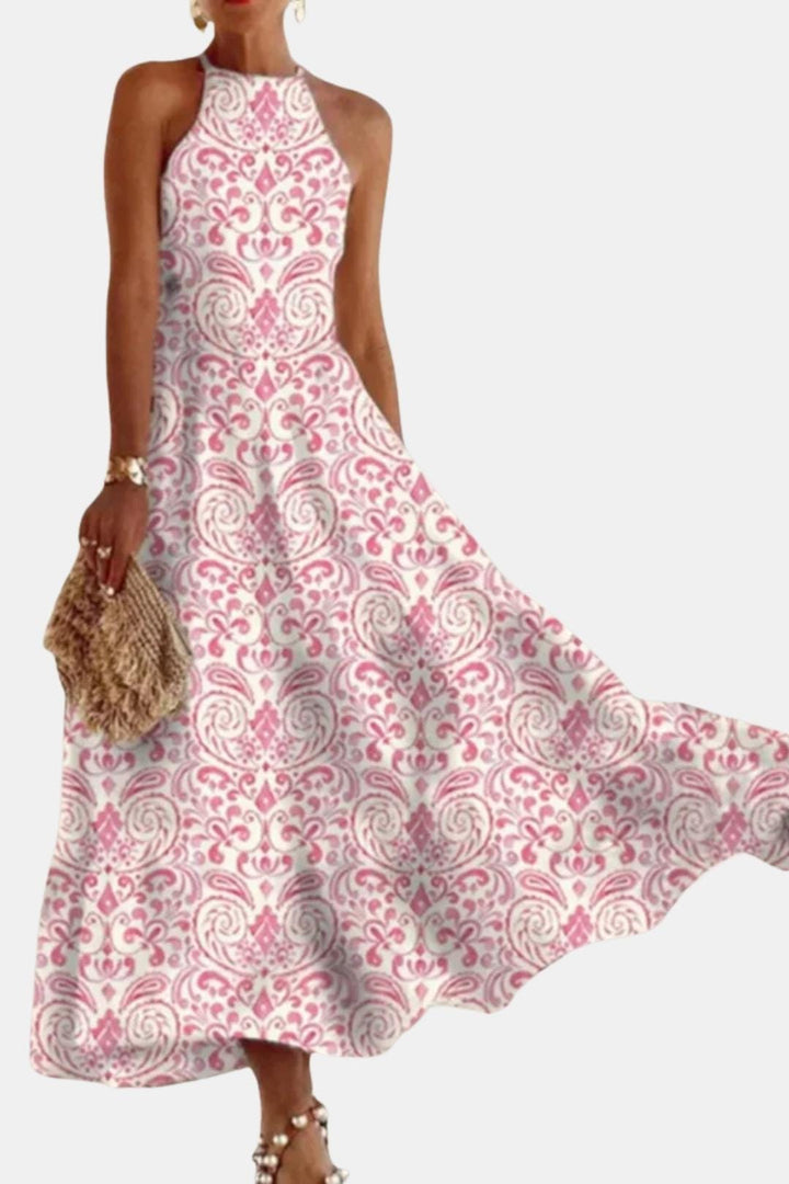 Isabelle | Dames Halterjurk Maxi Rugloos A-Lijn Ornamentprint Chiffon Tailleband Zomer