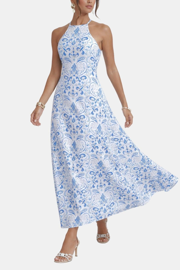 Isabelle | Dames Halterjurk Maxi Rugloos A-Lijn Ornamentprint Chiffon Tailleband Zomer
