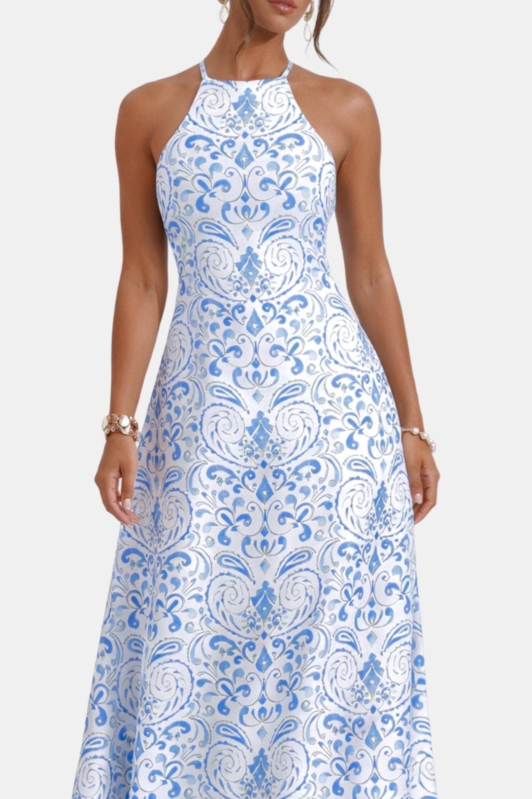 Isabelle | Dames Halterjurk Maxi Rugloos A-Lijn Ornamentprint Chiffon Tailleband Zomer