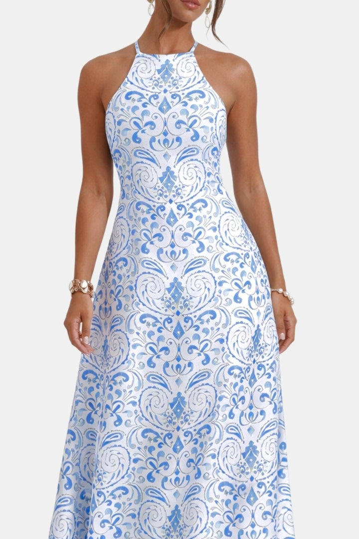Isabelle | Dames Halterjurk Maxi Rugloos A-Lijn Ornamentprint Chiffon Tailleband Zomer