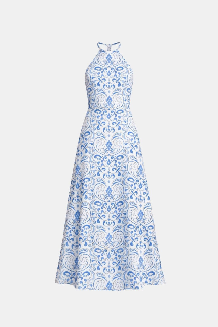 Isabelle | Dames Halterjurk Maxi Rugloos A-Lijn Ornamentprint Chiffon Tailleband Zomer
