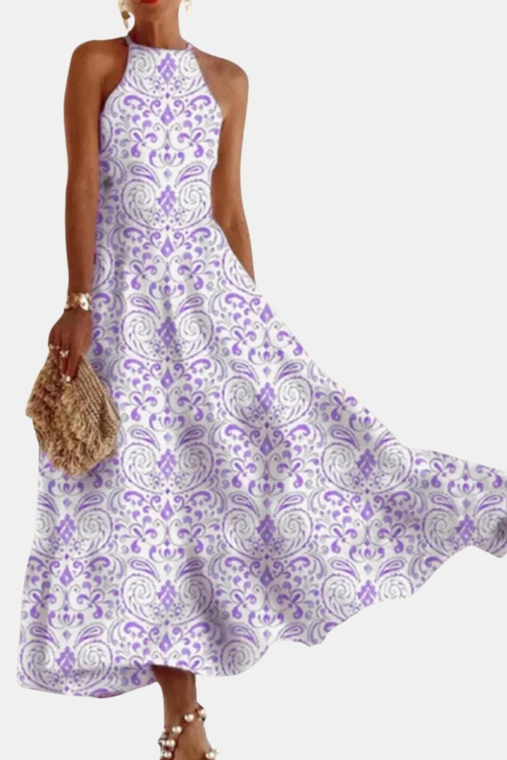 Isabelle | Dames Halterjurk Maxi Rugloos A-Lijn Ornamentprint Chiffon Tailleband Zomer