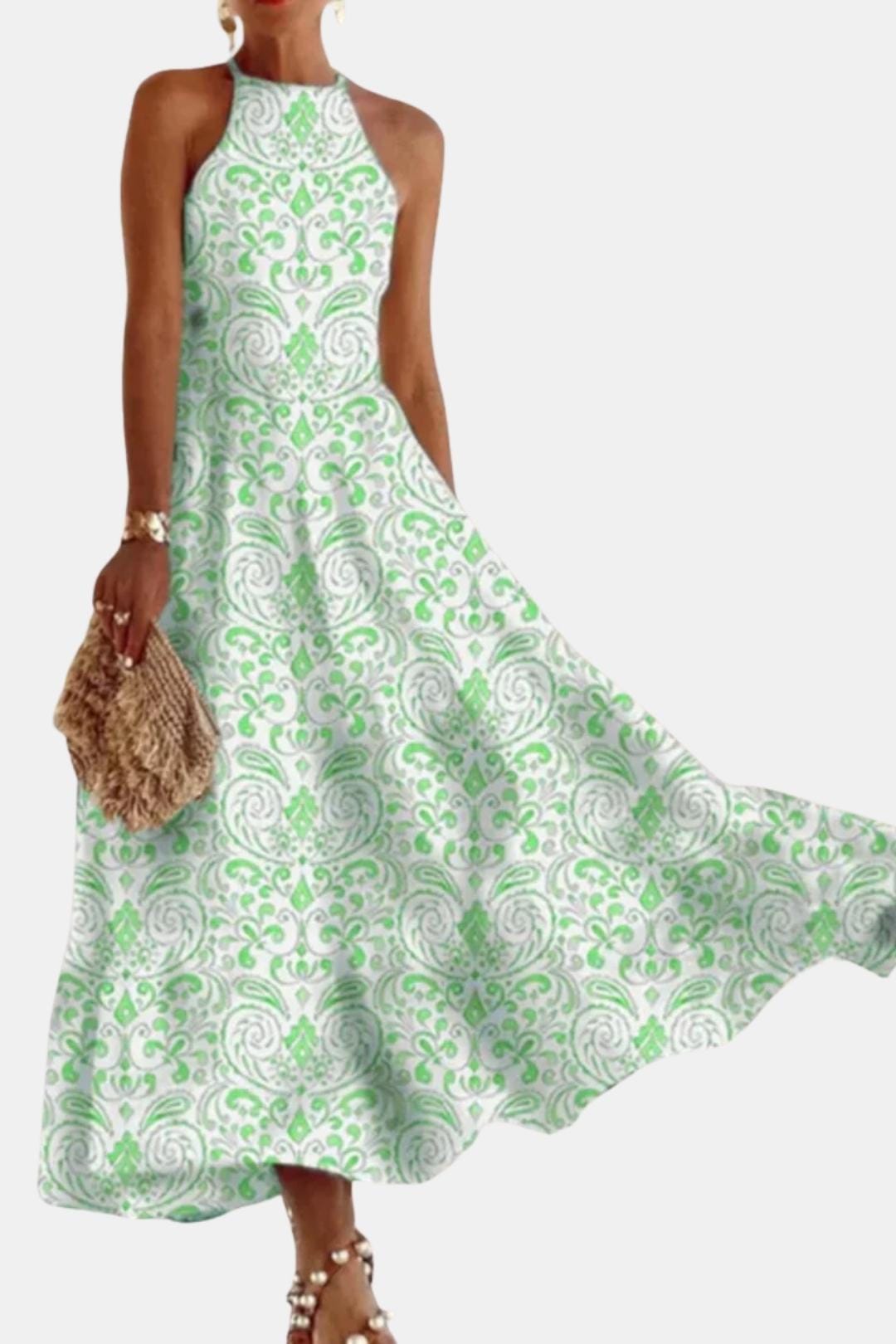 Isabelle | Dames Halterjurk Maxi Rugloos A-Lijn Ornamentprint Chiffon Tailleband Zomer