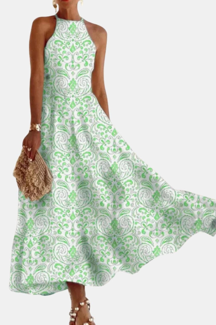 Isabelle | Dames Halterjurk Maxi Rugloos A-Lijn Ornamentprint Chiffon Tailleband Zomer