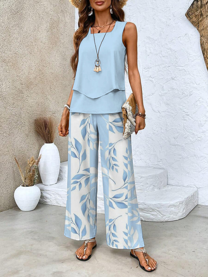 Isla | Dames Co-ord Set Gelaagde Blouse Mouwloos Palazzo Bladprint