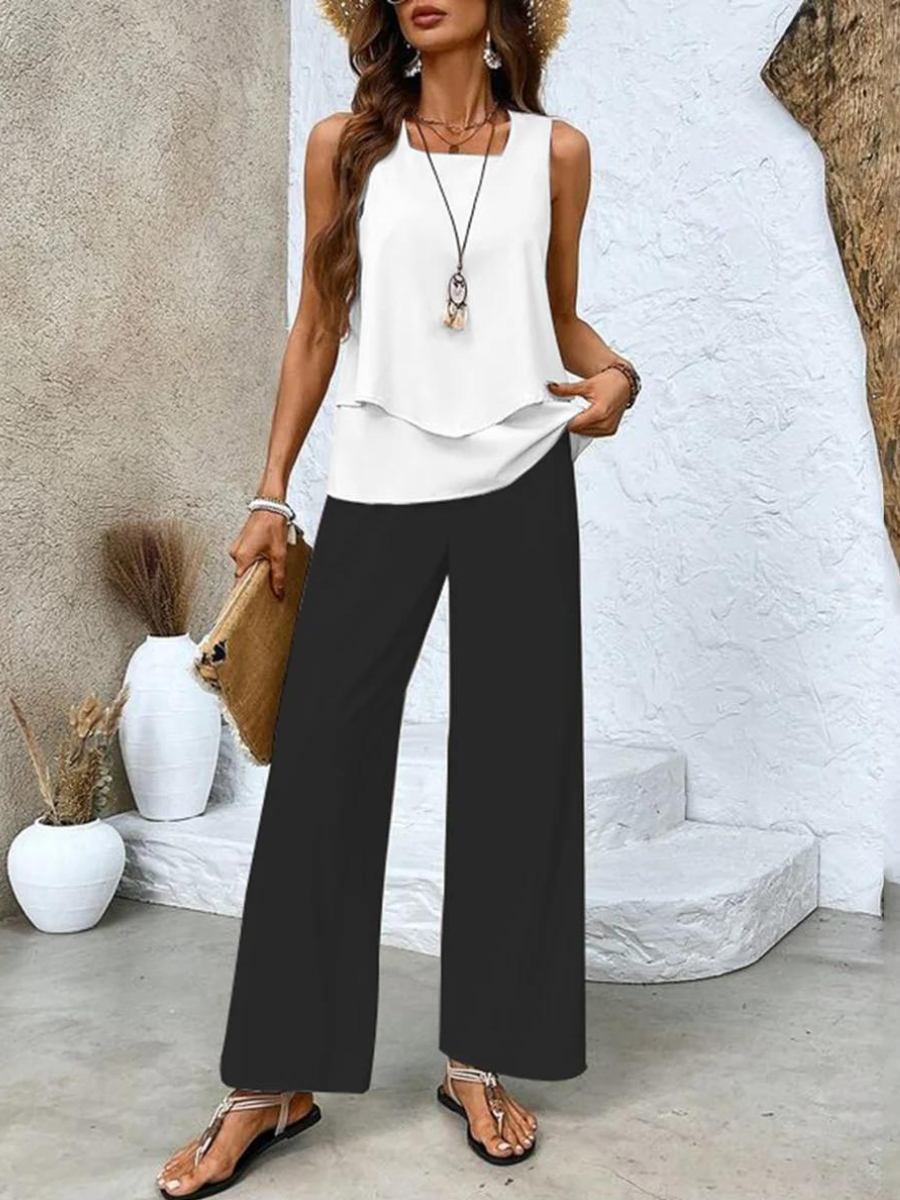 Isla | Dames Co-ord Set Gelaagde Blouse Mouwloos Palazzo Bladprint