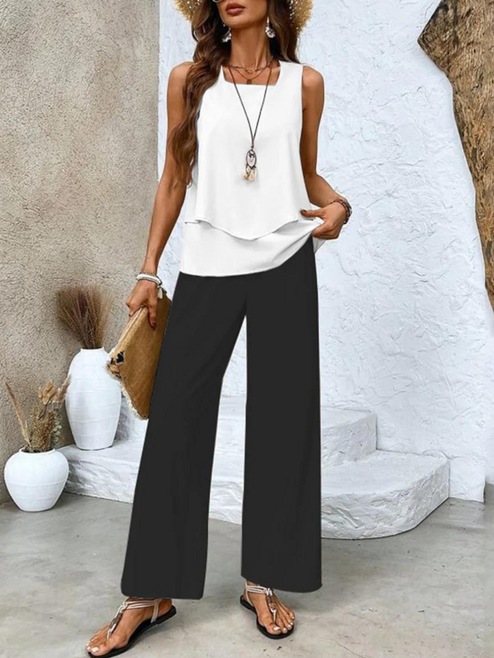 Isla | Dames Co-ord Set Gelaagde Blouse Mouwloos Palazzo Bladprint
