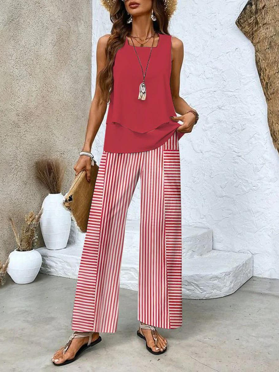 Isla | Dames Co-ord Set Gelaagde Blouse Mouwloos Palazzo Bladprint