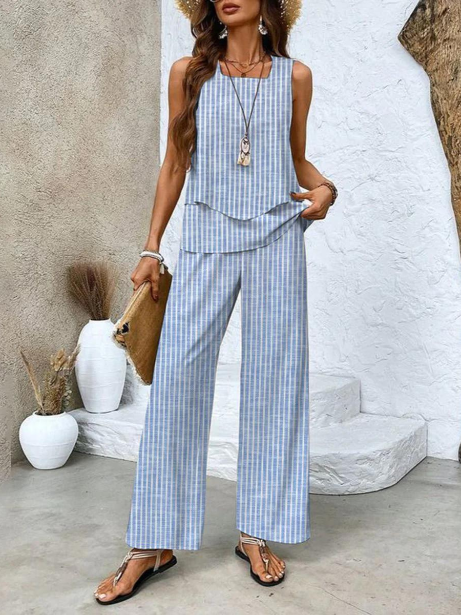 Isla | Dames Co-ord Set Gelaagde Blouse Mouwloos Palazzo Bladprint