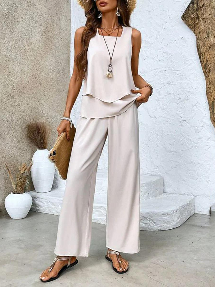 Isla | Dames Co-ord Set Gelaagde Blouse Mouwloos Palazzo Bladprint