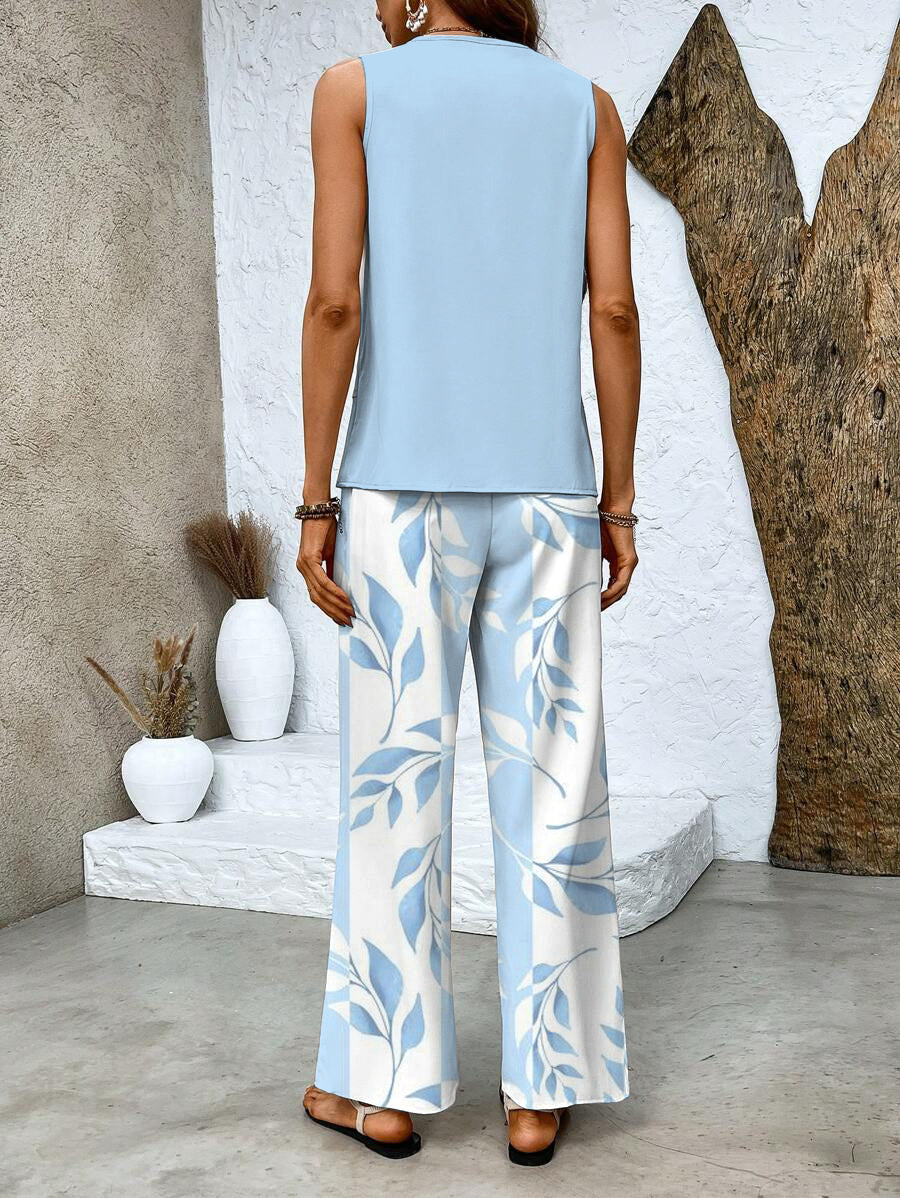 Isla | Dames Co-ord Set Gelaagde Blouse Mouwloos Palazzo Bladprint