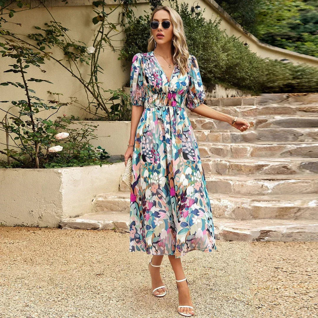 Karlijn | Elegante Dames Midi-Jurk Bloemenprint Pofmouwen