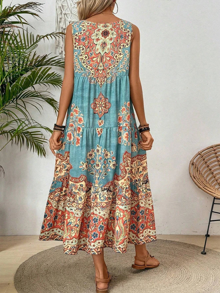 Lena | Dames Boho Mandala Print Mouwloos Midi Jurk