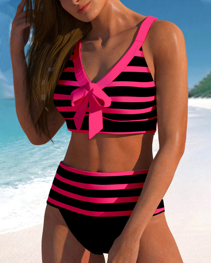 Lies | Dames Bikiniset Hoge Taille Gestreept Strik V hals Zomer