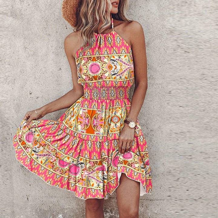 Nina | Dames Halterjurk Gesmokte Taille Boho Print Gelaagde Mini Zomer