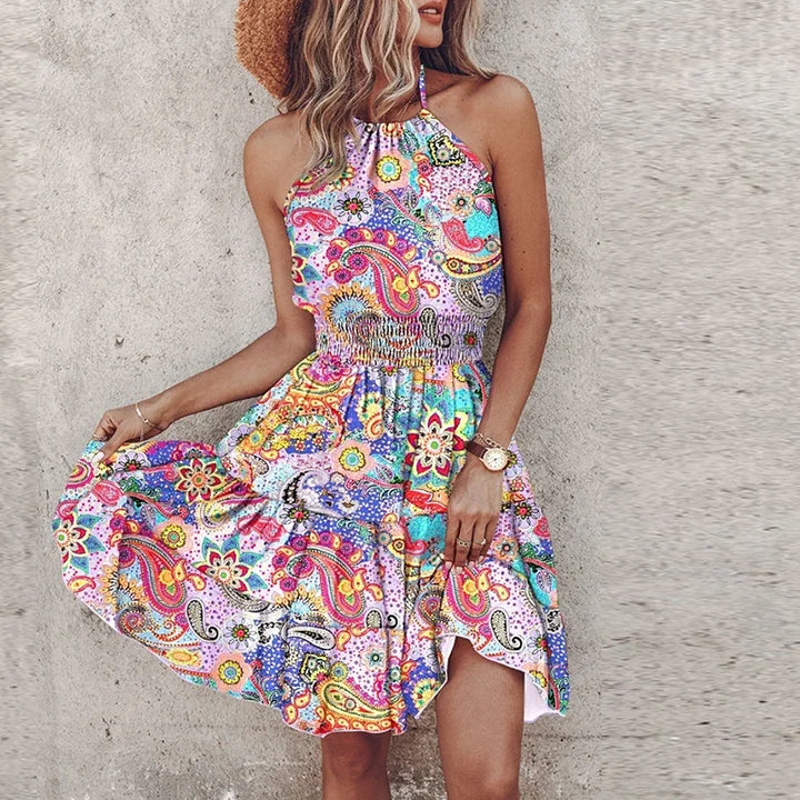 Nina | Dames Halterjurk Gesmokte Taille Boho Print Gelaagde Mini Zomer