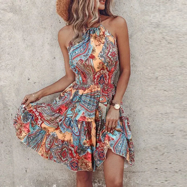Nina | Dames Halterjurk Gesmokte Taille Boho Print Gelaagde Mini Zomer