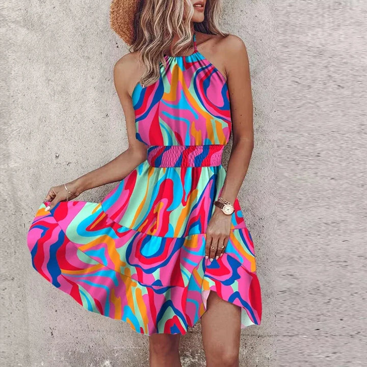 Nina | Dames Halterjurk Gesmokte Taille Boho Print Gelaagde Mini Zomer