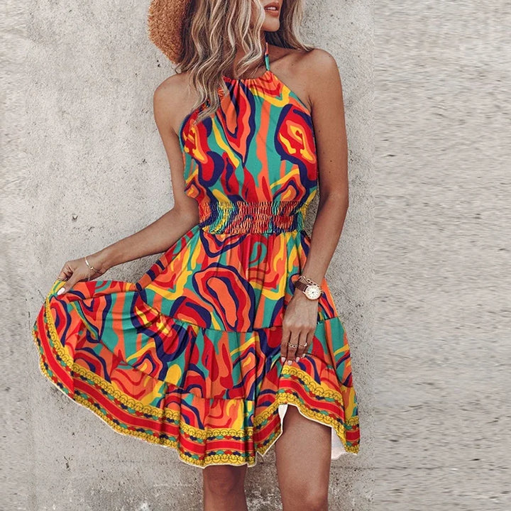 Nina | Dames Halterjurk Gesmokte Taille Boho Print Gelaagde Mini Zomer