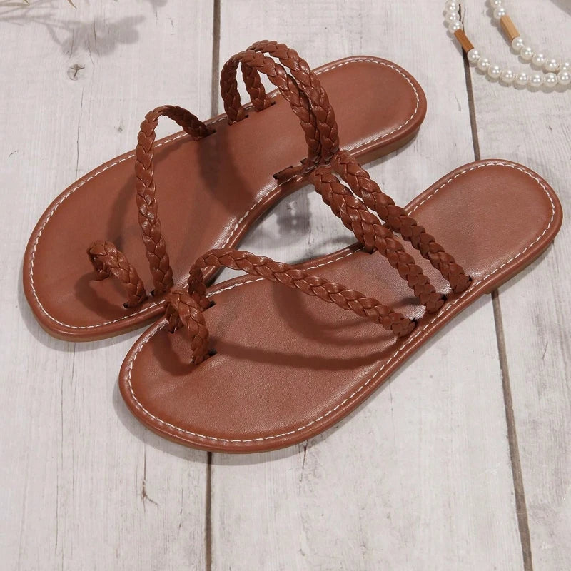 Noor | Dames Boho Sandalen Platte Hak Gevlochten Teen Ring