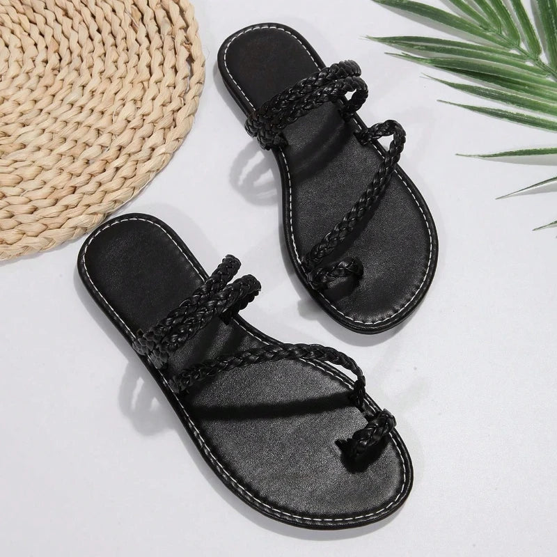 Noor | Dames Boho Sandalen Platte Hak Gevlochten Teen Ring