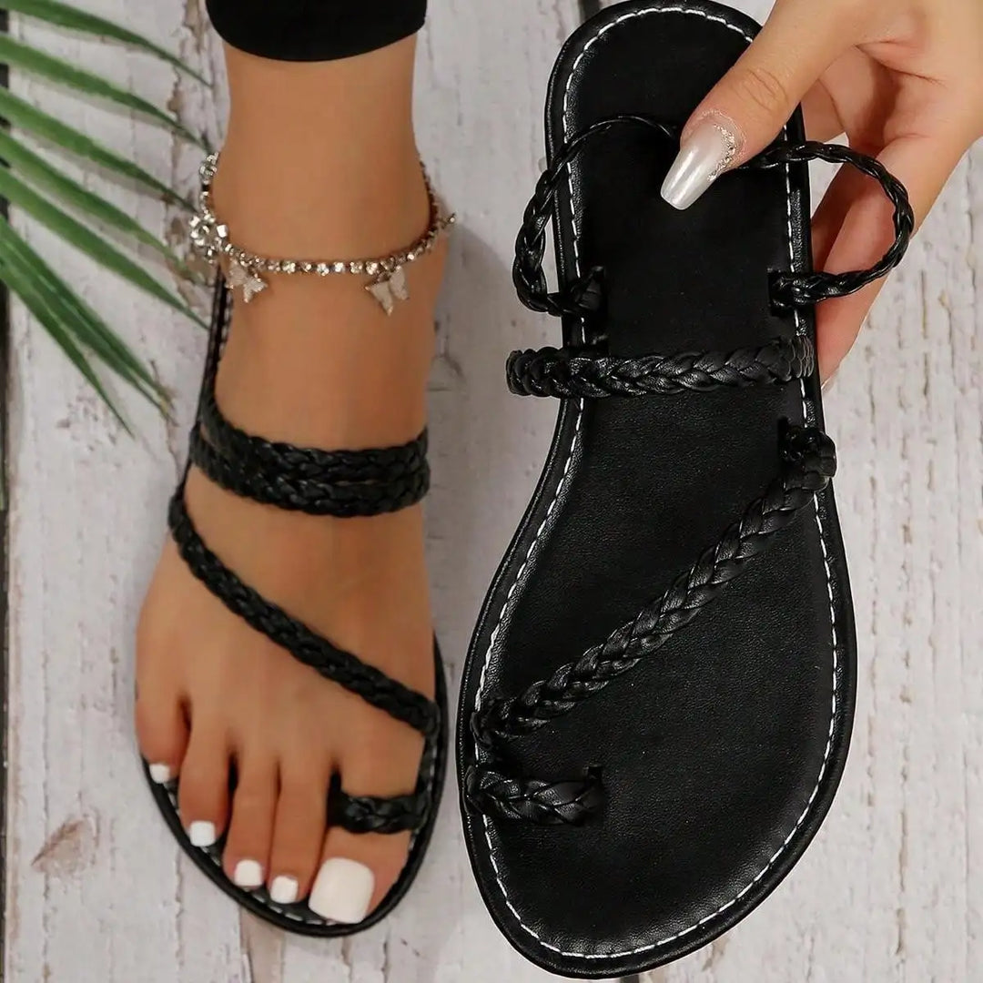 Noor | Dames Boho Sandalen Platte Hak Gevlochten Teen Ring