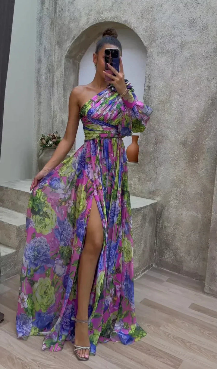 Odelia | Elegante Dames One-Shoulder Bloemen Maxi Jurk