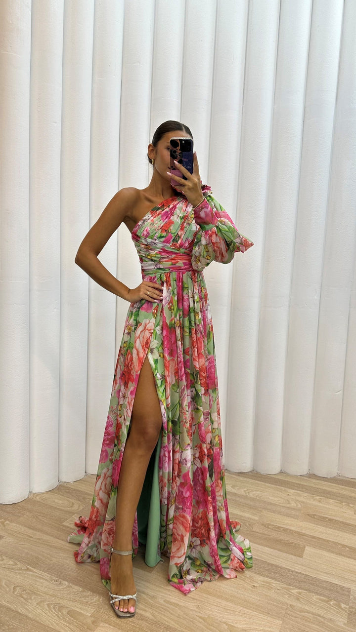 Odelia | Elegante Dames One-Shoulder Bloemen Maxi Jurk