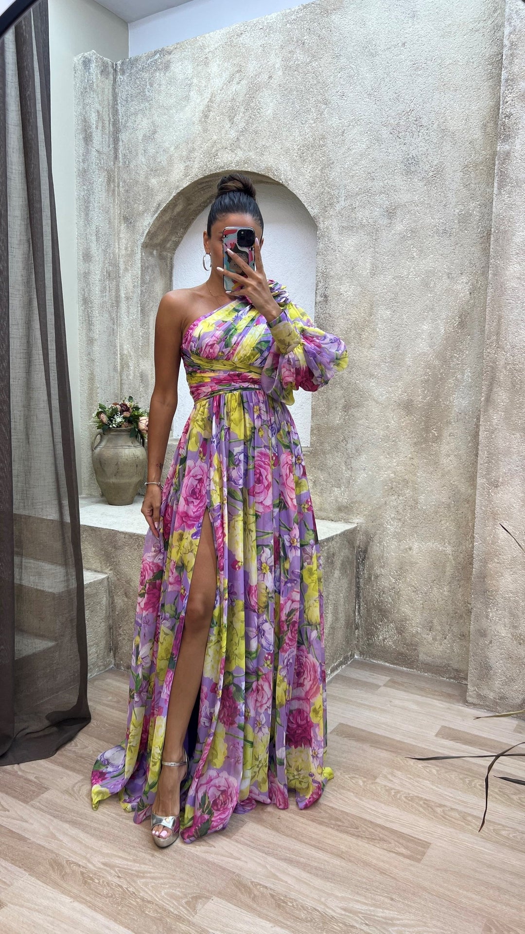 Odelia | Elegante Dames One-Shoulder Bloemen Maxi Jurk