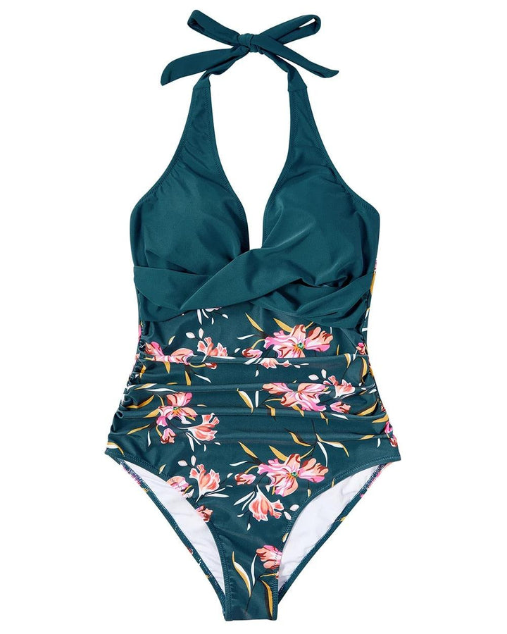 Roos | Dames Badpak Halter V hals Rugloos Tropische Print Zomer