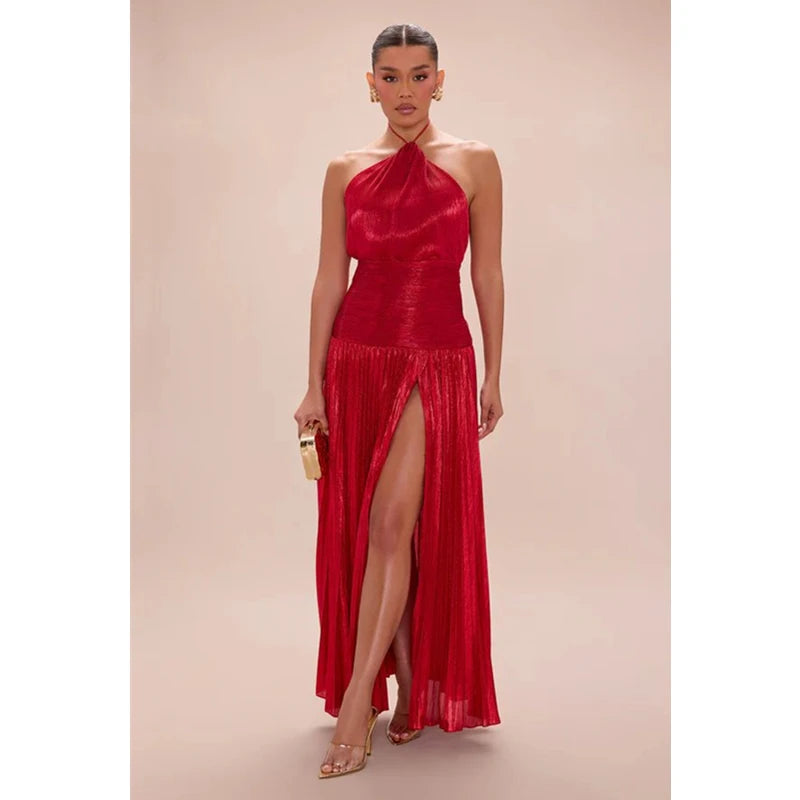 Fenna | Dames Halter Jurk Mouwloos Maxi Feest Geplooide