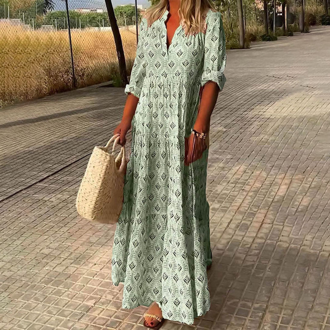 Solène | Elegante Dames Maxi Boho Print Jurk met Lange Mouwen