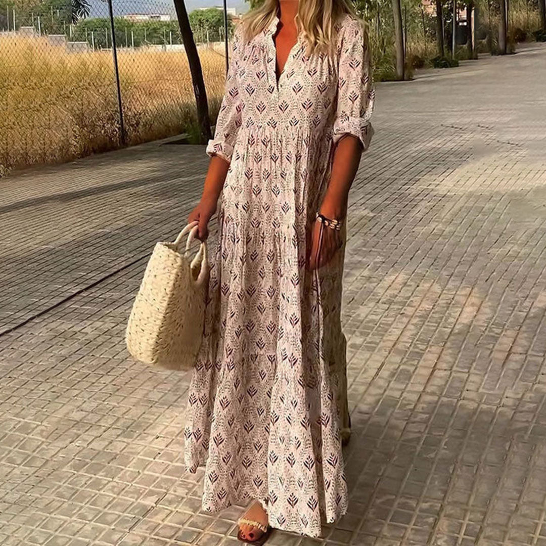 Solène | Elegante Dames Maxi Boho Print Jurk met Lange Mouwen