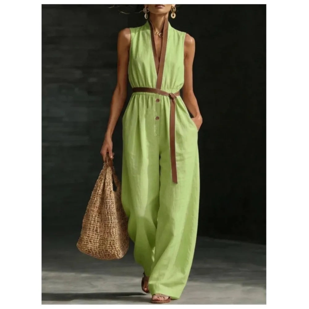 Solange | Dames Jumpsuit Zomer Mouwloos Wide-Leg Boho V-hals