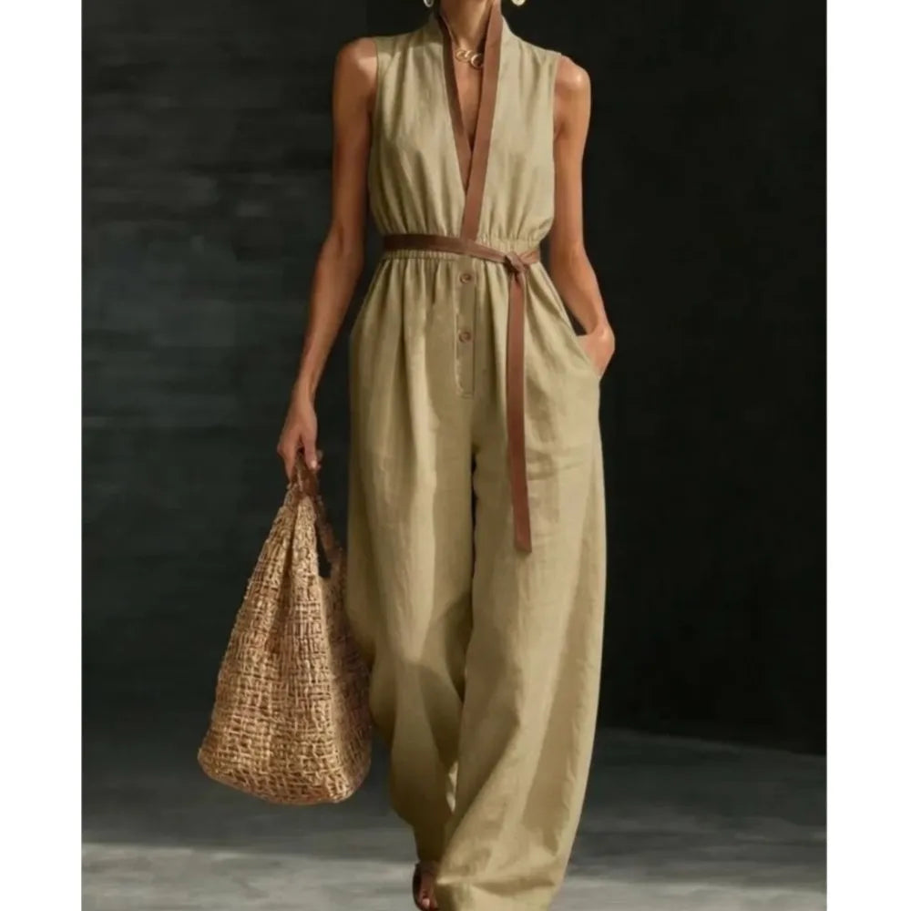 Solange | Dames Jumpsuit Zomer Mouwloos Wide-Leg Boho V-hals