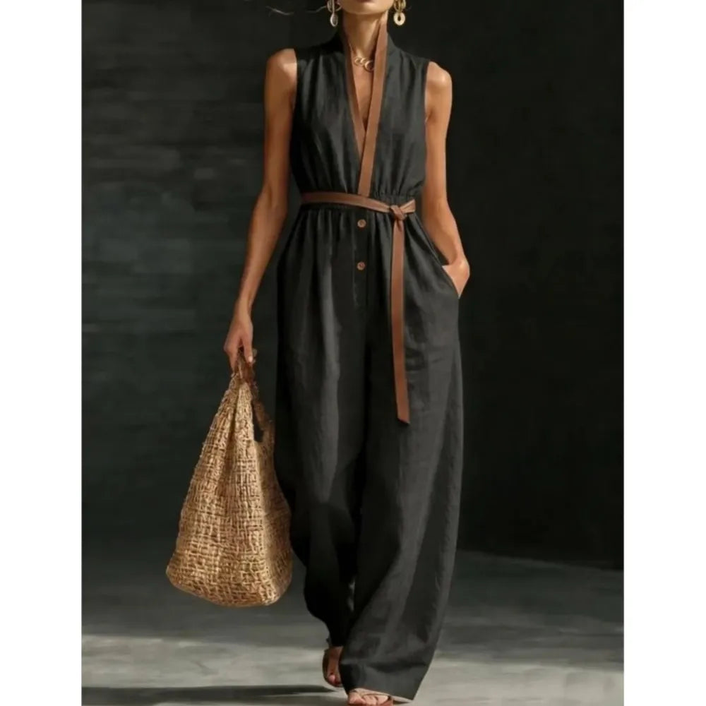 Solange | Dames Jumpsuit Zomer Mouwloos Wide-Leg Boho V-hals
