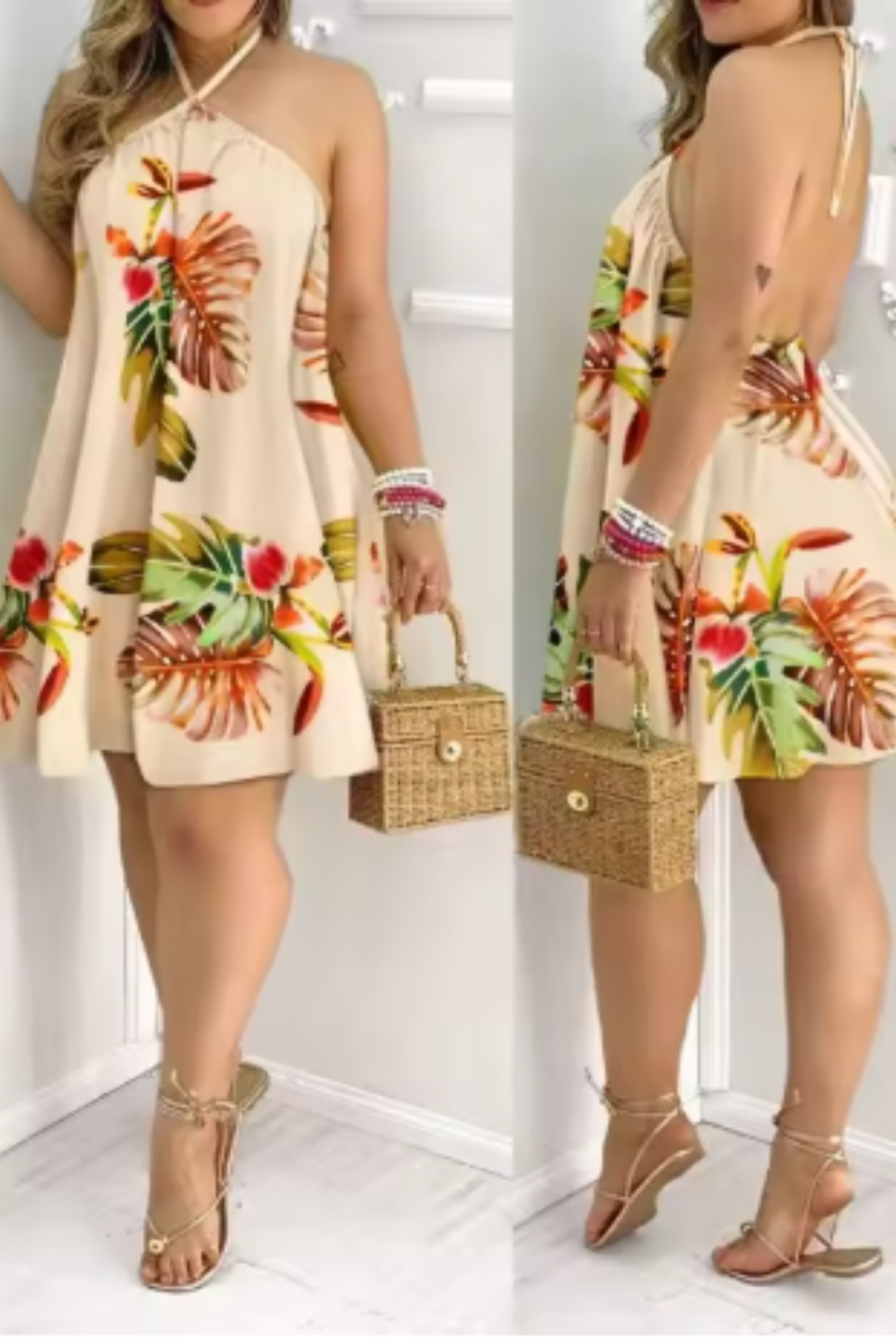 Sophie | Dames Halterjurk Mini Rugloos Tropisch Bloemenprint Trapeze Mouwloos Strand