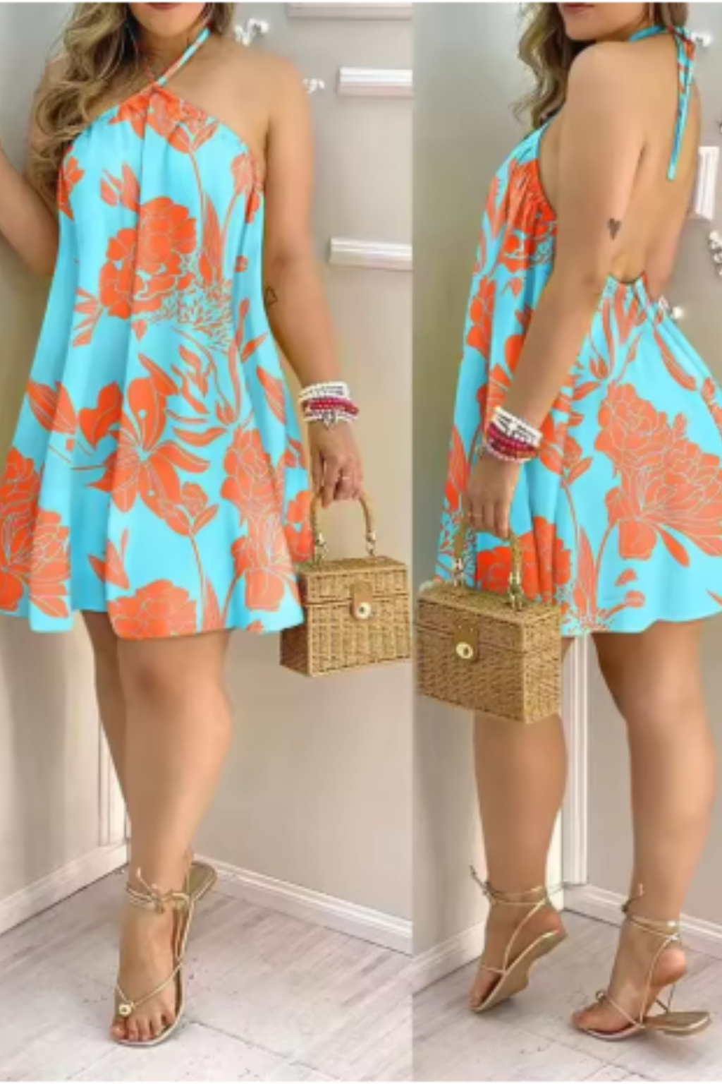 Sophie | Dames Halterjurk Mini Rugloos Tropisch Bloemenprint Trapeze Mouwloos Strand