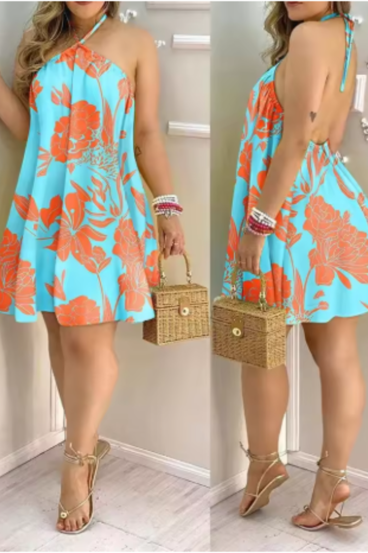 Sophie | Dames Halterjurk Mini Rugloos Tropisch Bloemenprint Trapeze Mouwloos Strand