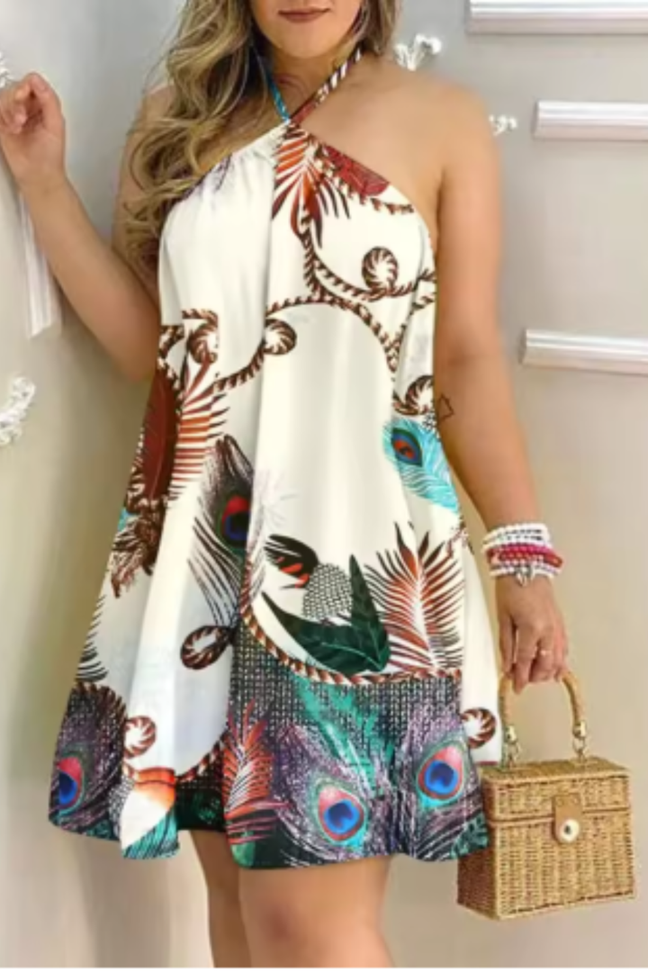 Sophie | Dames Halterjurk Mini Rugloos Tropisch Bloemenprint Trapeze Mouwloos Strand