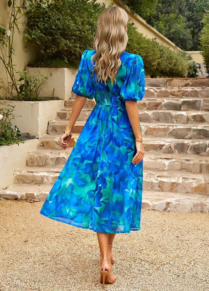 Thalassa | Elegante Dames Midi Bloemenjurk met V-hals en Pofmouwen